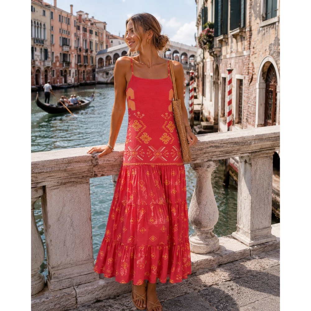 Hermoza Poppy Dress Tribal Gone West Womens Large Red Maxi Tiered New